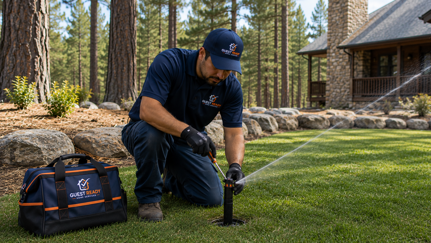 Technician repairing a sprinkler head and drip irrigation line at a mountain home