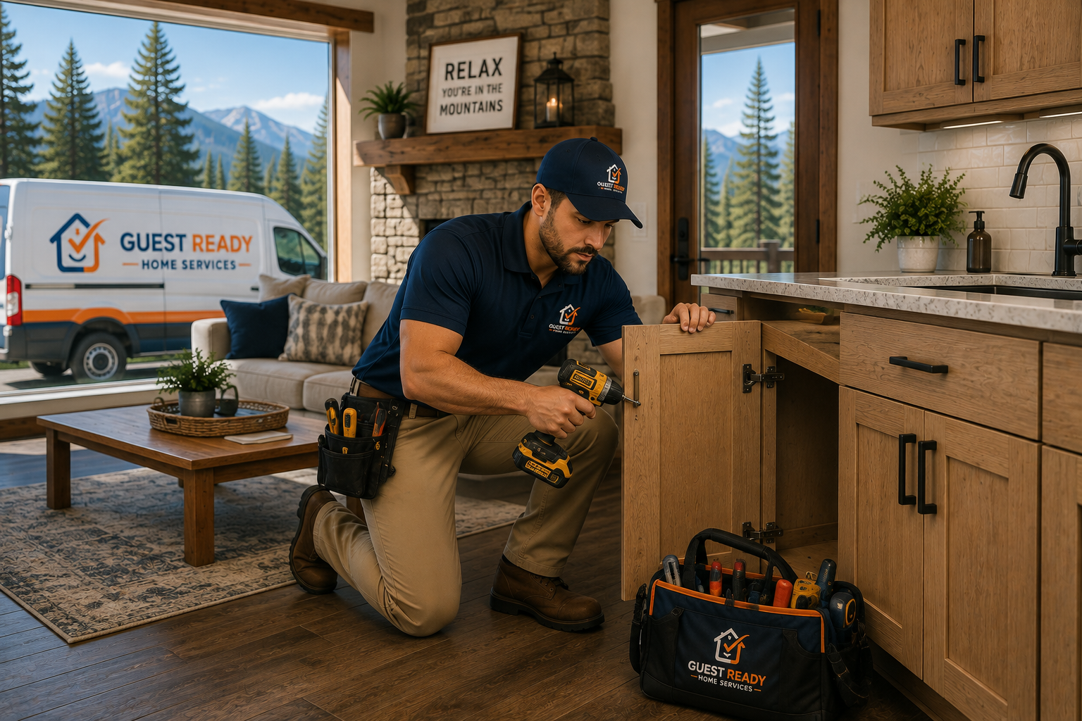 Handyman working inside a beautiful mountain vacation home in the White Mountains of Arizona