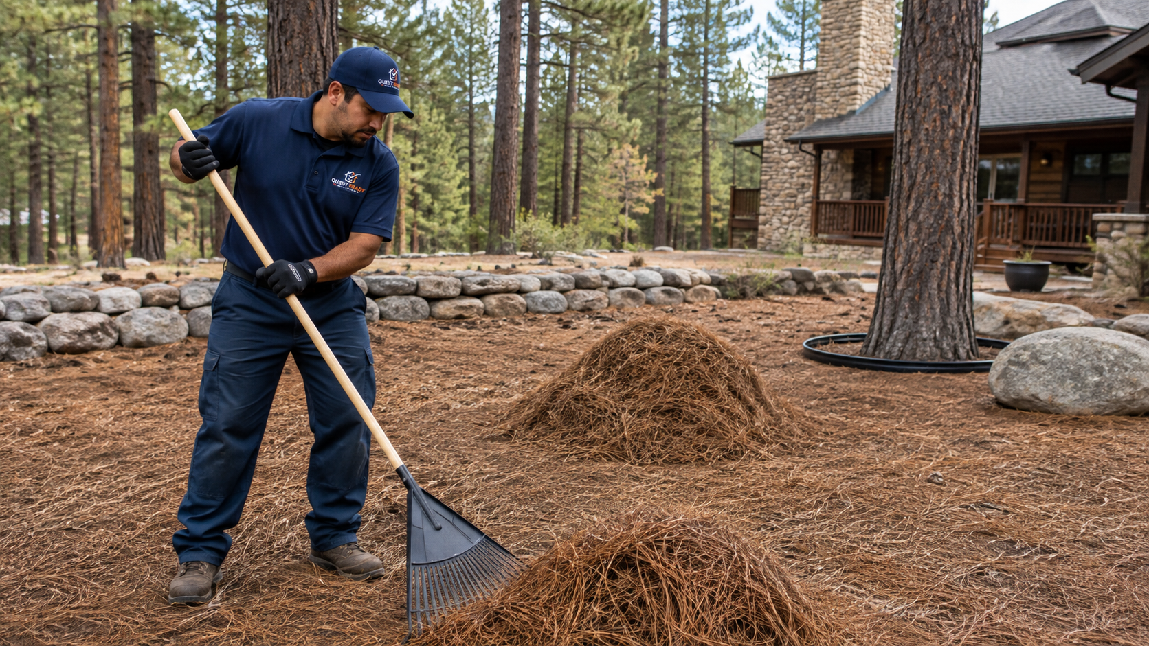 Worker raking pine needles at a mountain property in Arizona's White Mountains