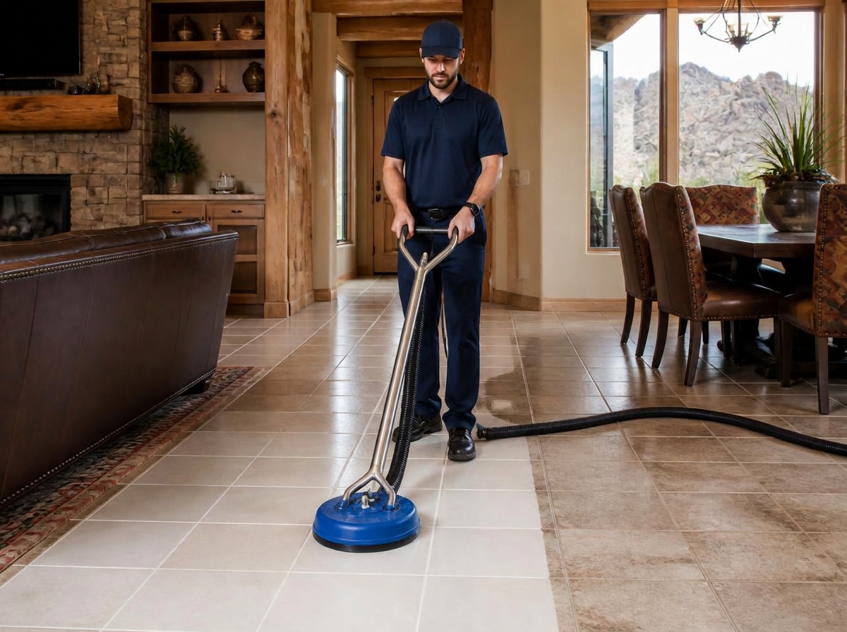 Professional tile and grout cleaning tool restoring tile flooring in a White Mountains home
