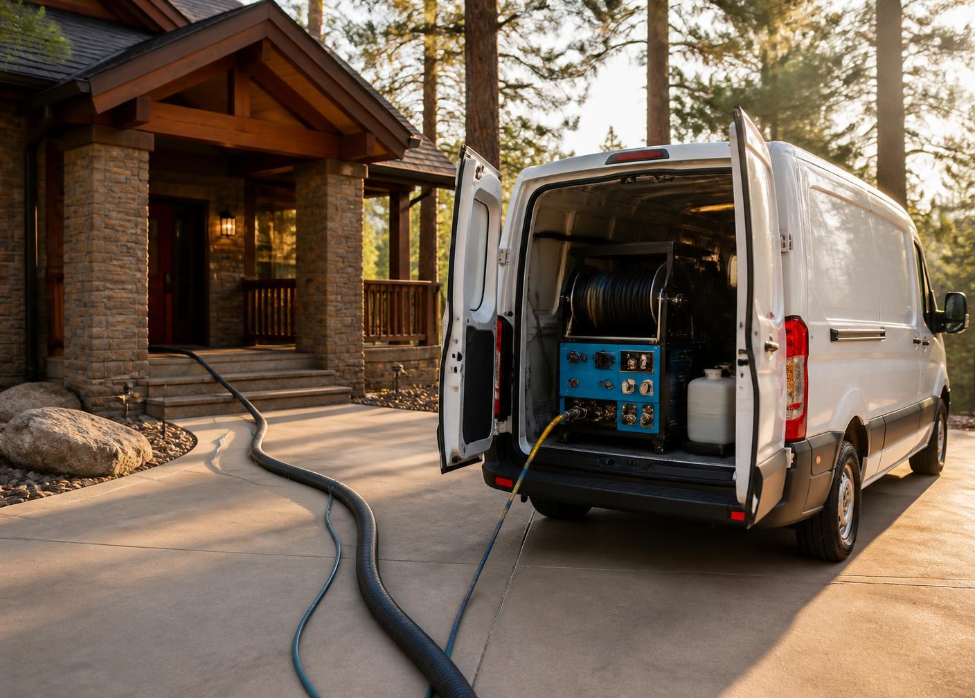 Truck-mounted steam cleaning equipment in a service van outside a White Mountains cabin