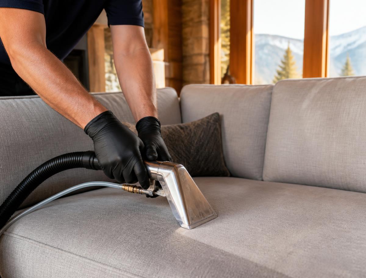 Technician cleaning a fabric sofa cushion with a professional upholstery extraction hand tool