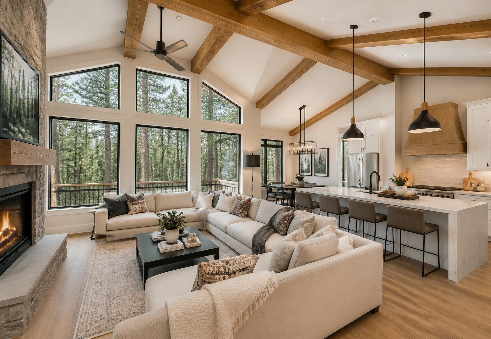 Modern mountain vacation home great room professionally cleaned and ready for guests, with pine forest visible through the windows