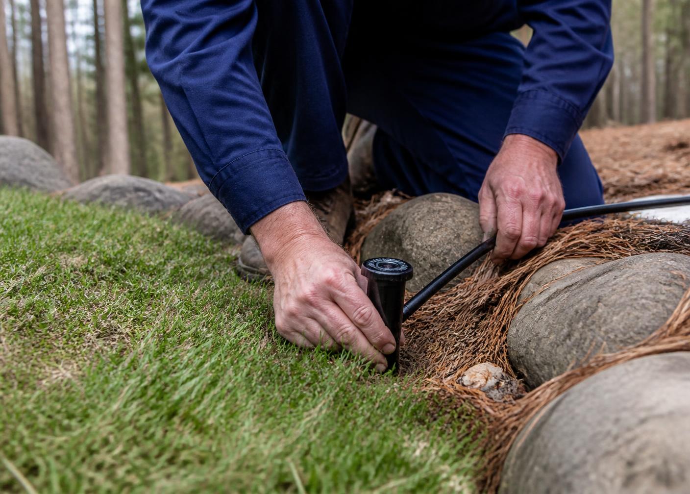 Technician repairing a sprinkler head and drip irrigation line at a mountain home
