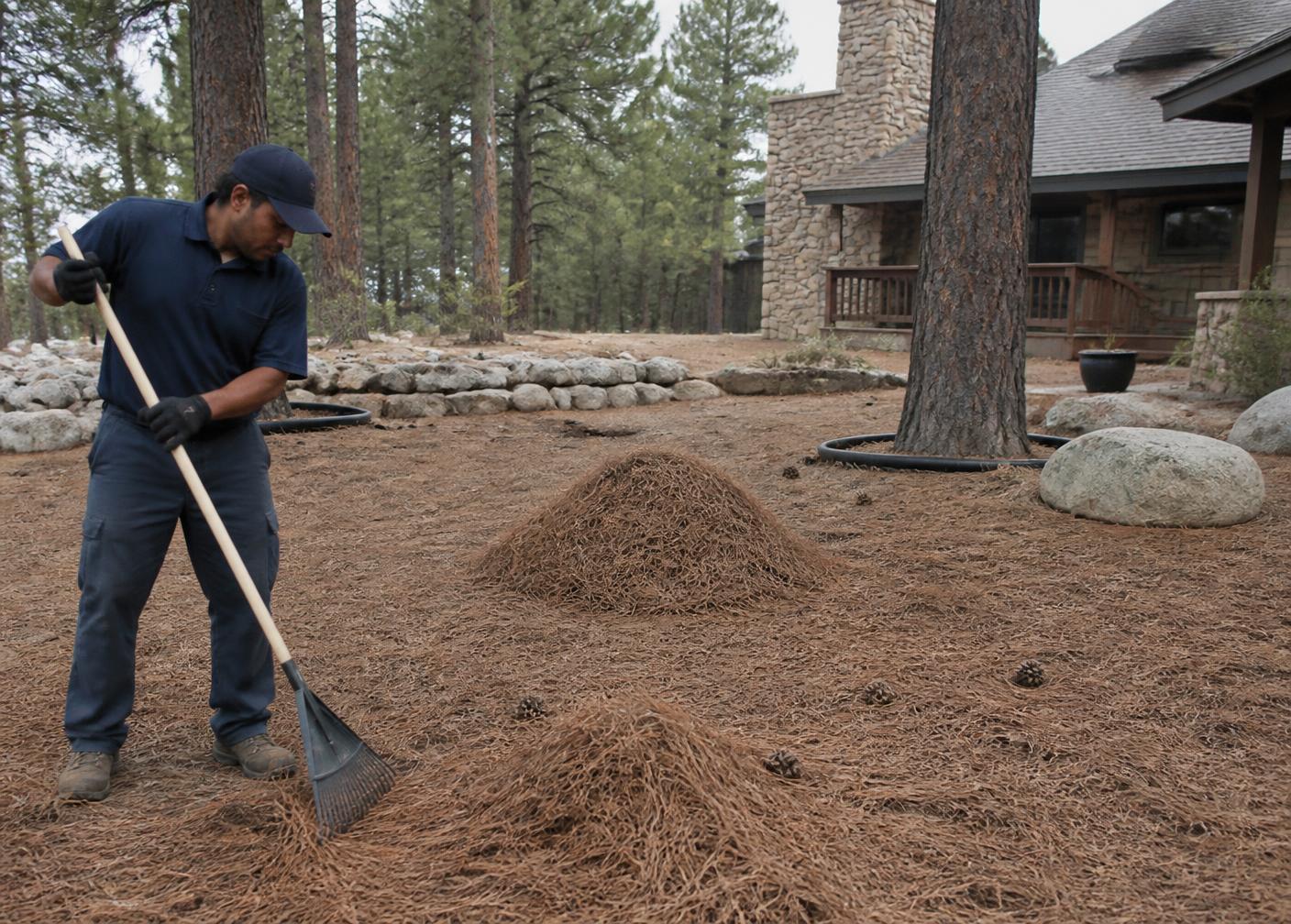 Worker raking pine needles at a mountain property in Arizona's White Mountains