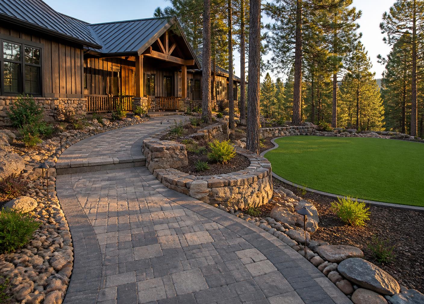 Paver walkway, natural stone retaining wall and turf area at a mountain home in the White Mountains