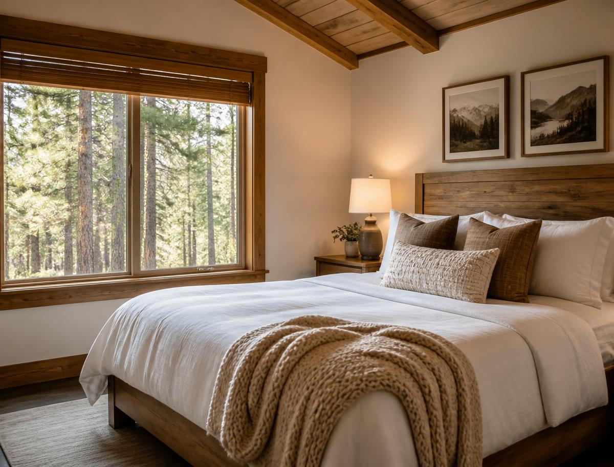 Mountain-home bedroom with a beautifully made bed, layered pillows and a knit throw, pine trees visible outside the window