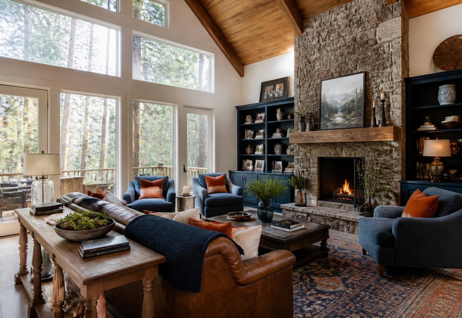 Beautiful private mountain vacation rental home interior with pine forest views, clean and ready for guests